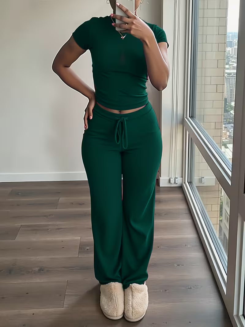 Women's Short Sleeve Top & Wide-Leg Pants Set