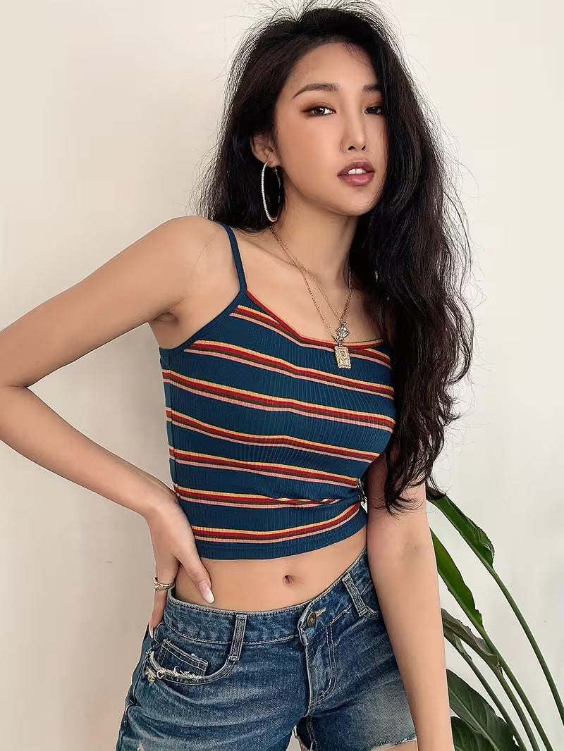 Women's Rainbow Stripe Square Neck Crop Top