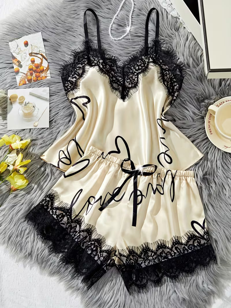 Women's Contrast Lace Letter Print Pajama Set
