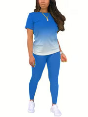 Women's Gradient Letter Print Set, Short Sleeve & Long Pants