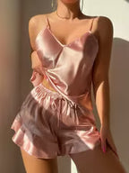 Women's Solid Color Ruffle V-Neck Pajama Set