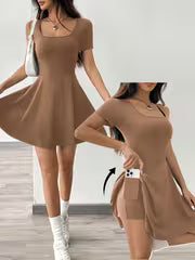 Women's Solid Color Square Neck Short Sleeve Dress