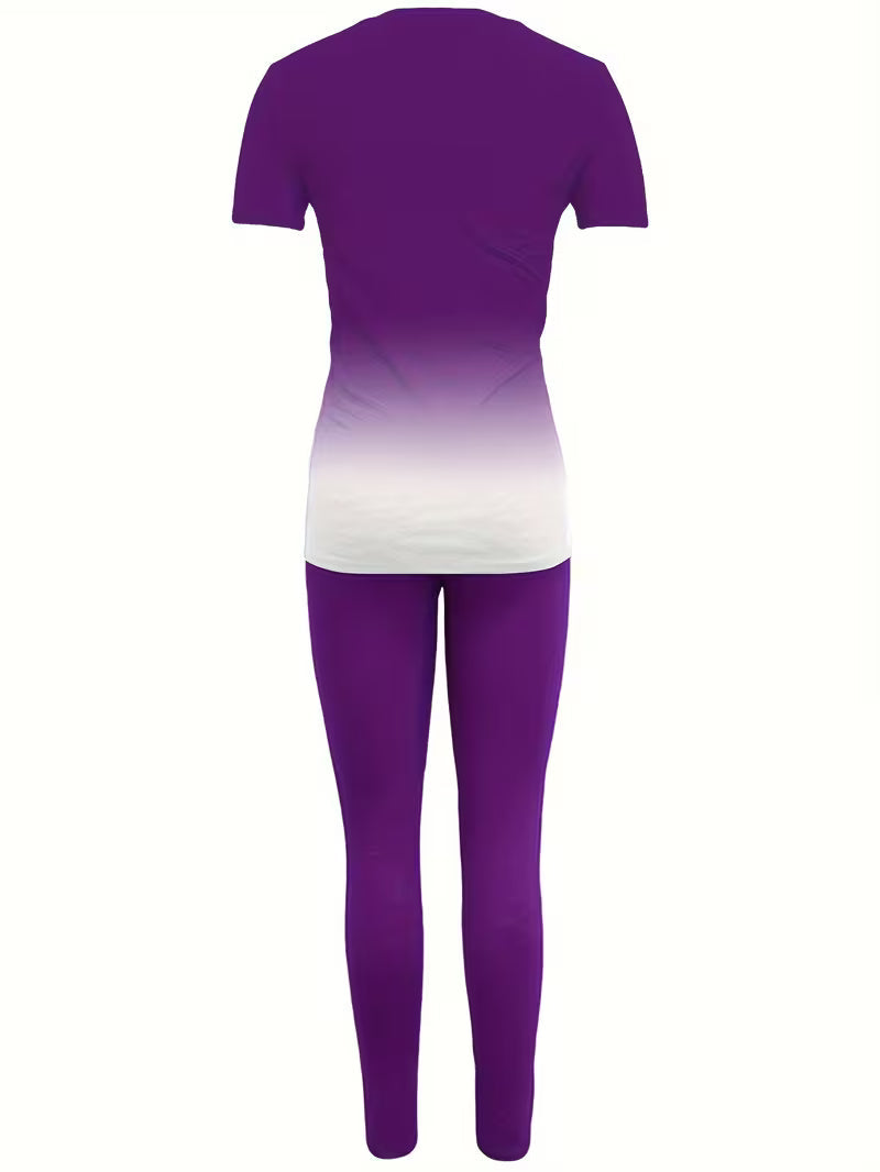 Women's Gradient Letter Print Set, Short Sleeve & Long Pants