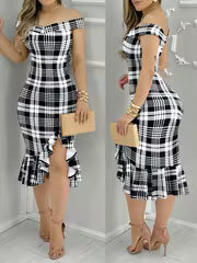 Women's Plaid Print Ruffle Hem Dress