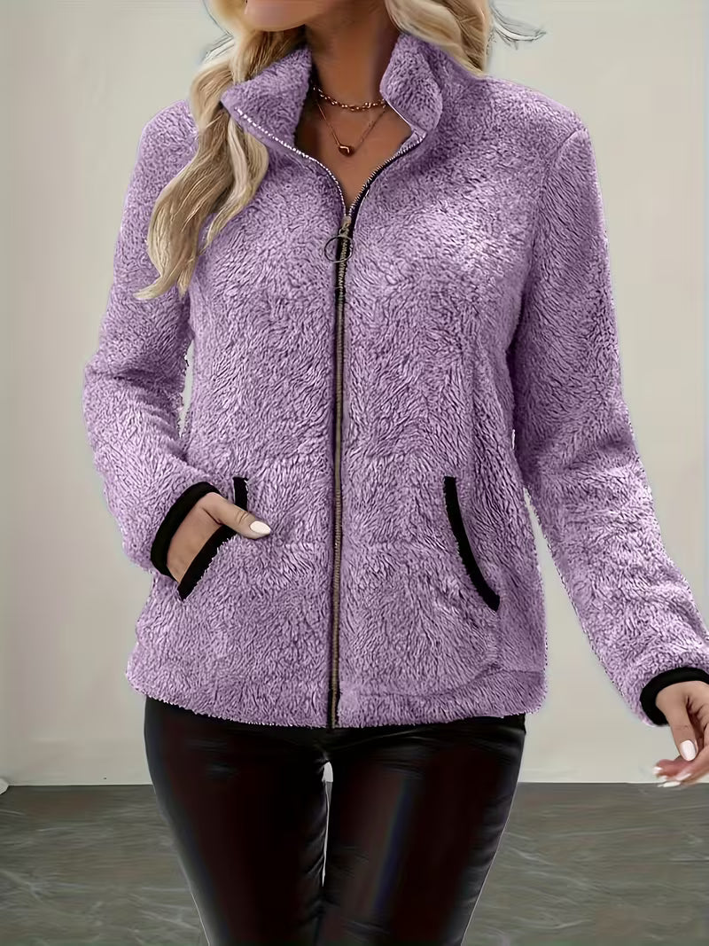 Women's Contrast Color Plush Zipper Casual Jacket