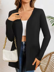 Women's Mid-Length Open-Front Cardigan, Dual Pockets