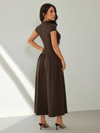 Women's Stand Collar Puff Sleeve Pleated Summer Dress
