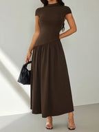 Women's Stand Collar Puff Sleeve Pleated Summer Dress