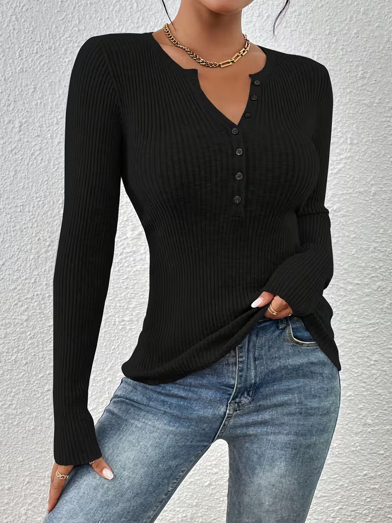 Women's Henley Collar Half-Button Striped Sweater