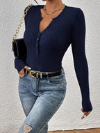 Women's Henley Collar Half-Button Striped Sweater