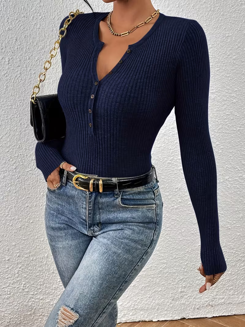 Women's Henley Collar Half-Button Striped Sweater