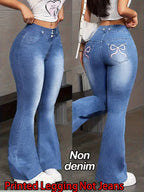 Women's Printed Faux Denim Flared Pants