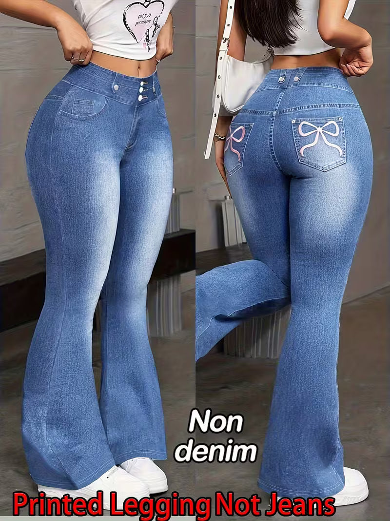 Women's Printed Faux Denim Flared Pants