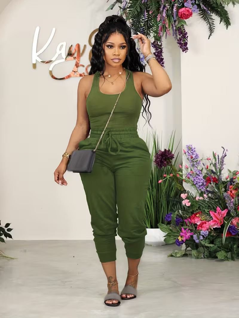 Women's Solid Color Vest and Jogger Set