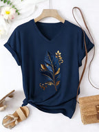 Women's Botanical Leaf Print T-Shirt, Soft Stretch Fabric
