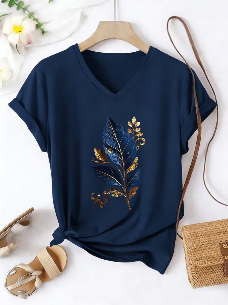 Women's Botanical Leaf Print T-Shirt, Soft Stretch Fabric