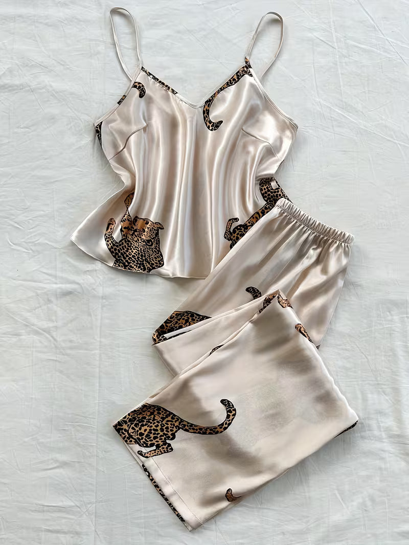 Women's Leopard Print V-Neck 2pc Sleepwear Set