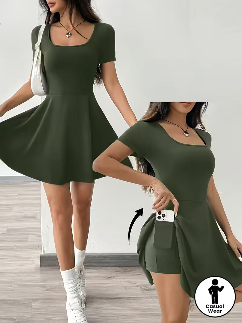 Women's Solid Color Square Neck Short Sleeve Dress