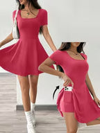 Women's Solid Color Square Neck Short Sleeve Dress