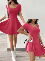 Women's Solid Color Square Neck Short Sleeve Dress