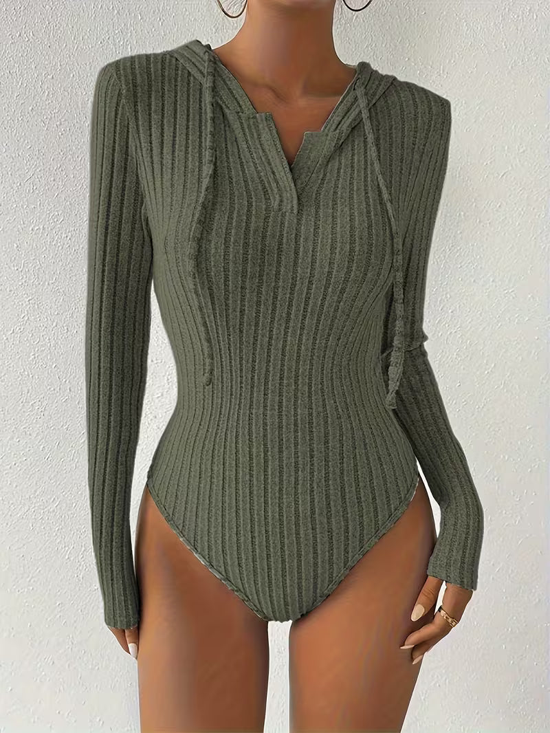 Women's Hooded Ribbed Striped Bodycon Jumpsuit
