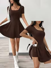 Women's Solid Color Square Neck Short Sleeve Dress