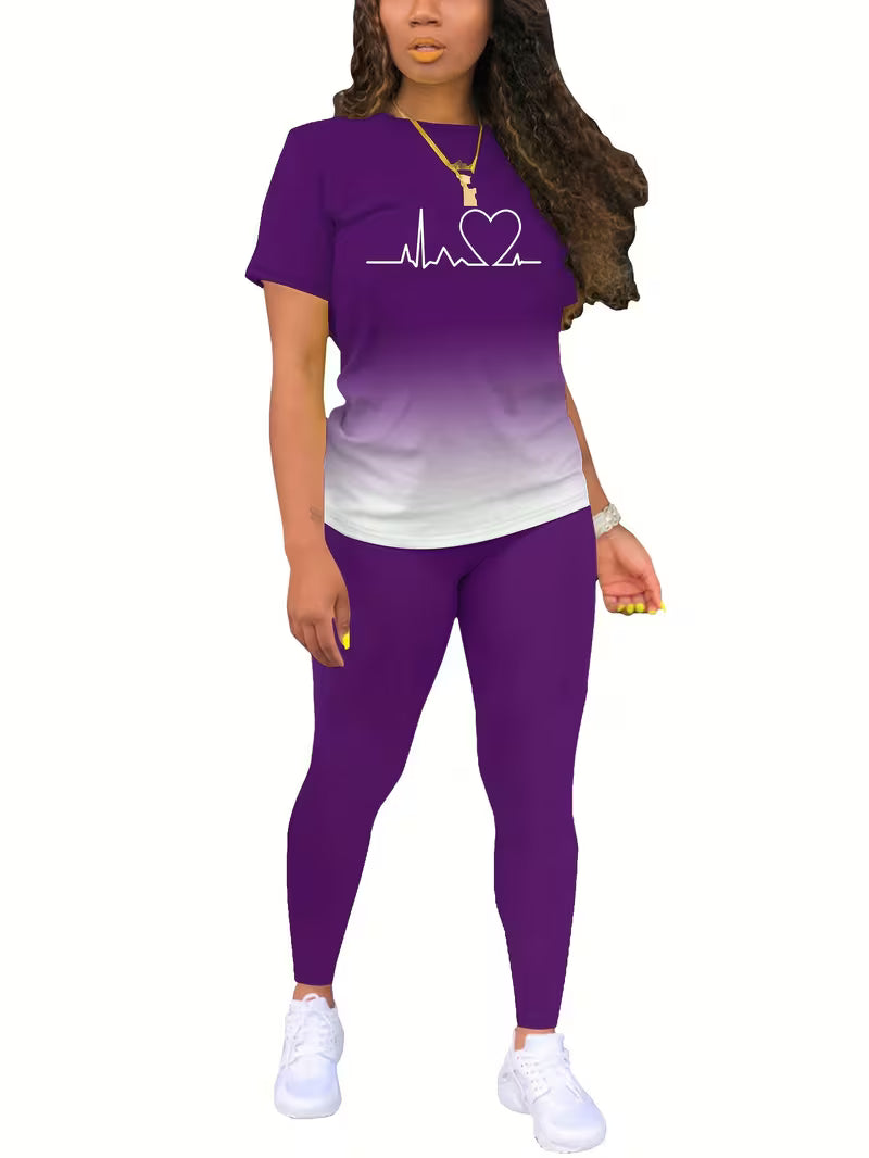 Women's Gradient Letter Print Set, Short Sleeve & Long Pants