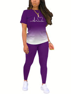 Women's Gradient Letter Print Set, Short Sleeve & Long Pants