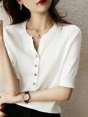 Women's Solid V-Neck T-Shirt, Lightweight Loose Fit