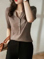 Women's Solid V-Neck T-Shirt, Lightweight Loose Fit