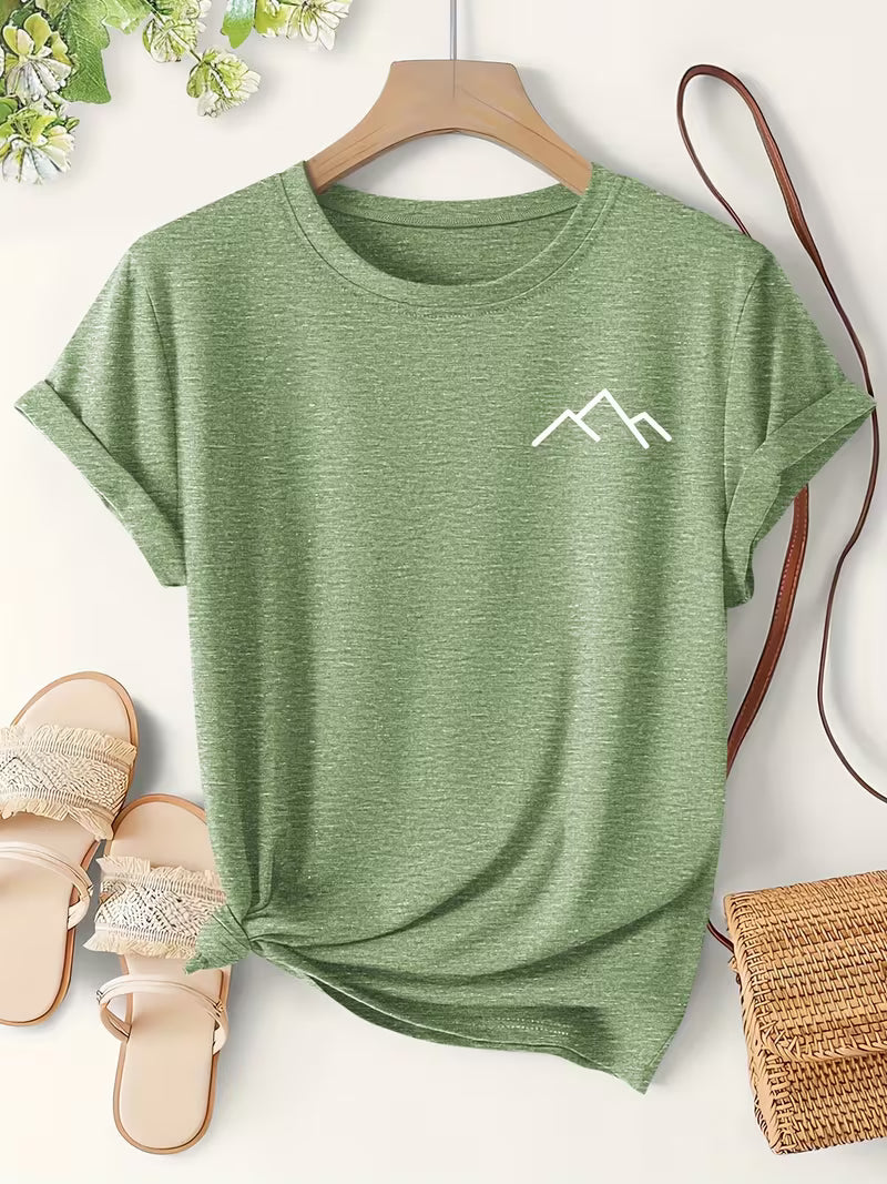 Women's Mountain Print Casual T-Shirt, Short Sleeve