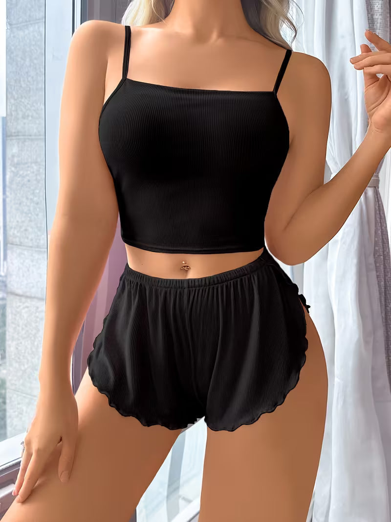 Women's Solid Color Suspender Pajama Set