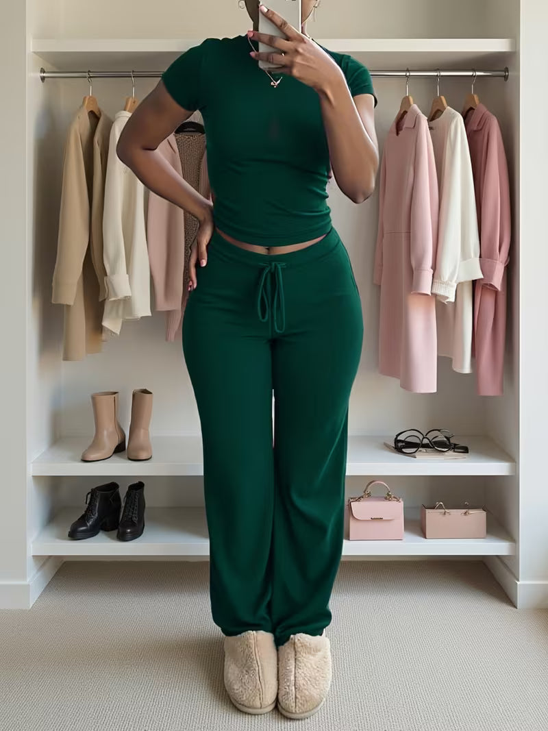 Women's Short Sleeve Top & Wide-Leg Pants Set