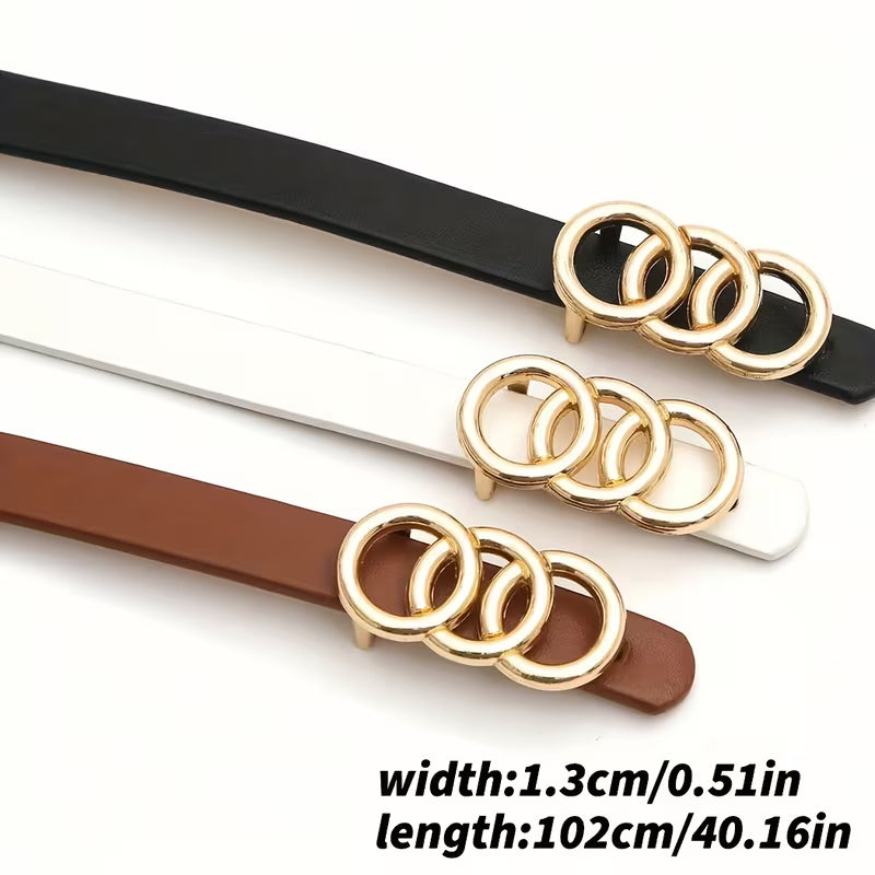 Women's 3-Pack Skinny PU Belts, 3-Ring Buckle