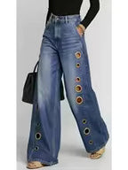 Women's Retro Wide-Leg Jeans with Metallic Eyelets
