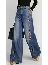 Women's Retro Wide-Leg Jeans with Metallic Eyelets