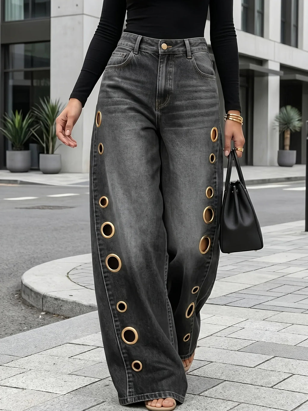 Women's Retro Wide-Leg Jeans with Metallic Eyelets