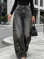 Women's Retro Wide-Leg Jeans with Metallic Eyelets