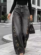 Women's Retro Wide-Leg Jeans with Metallic Eyelets