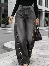 Women's Retro Wide-Leg Jeans with Metallic Eyelets