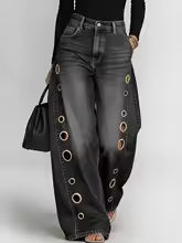 Women's Retro Wide-Leg Jeans with Metallic Eyelets