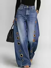 Women's Retro Wide-Leg Jeans with Metallic Eyelets