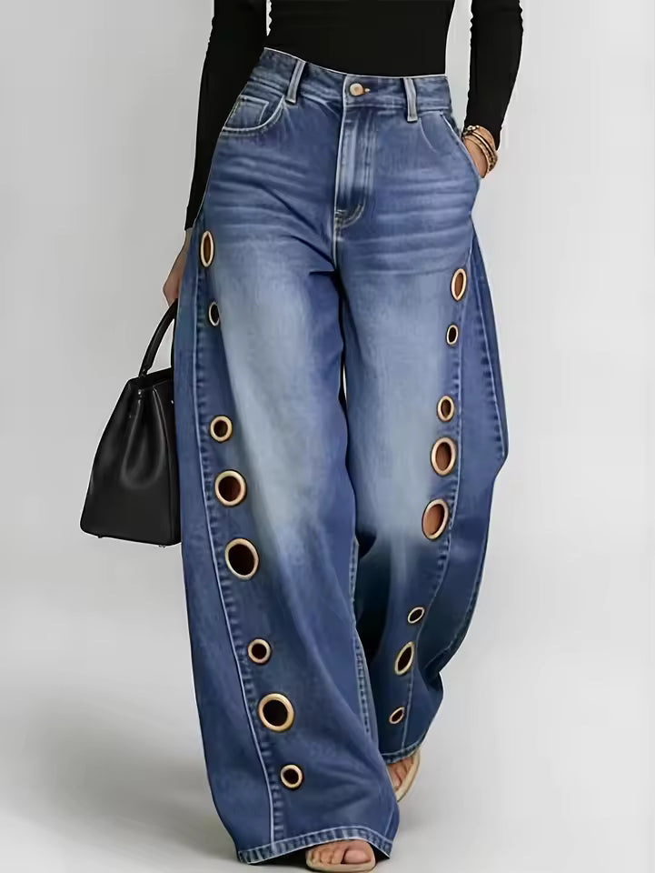 Women's Retro Wide-Leg Jeans with Metallic Eyelets
