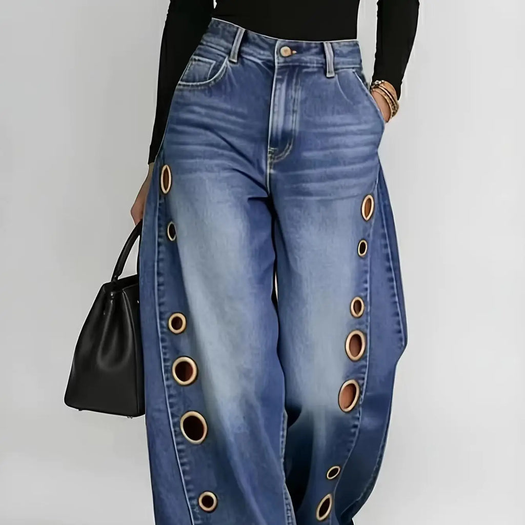Women's Retro Wide-Leg Jeans with Metallic Eyelets
