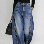 Women's Retro Wide-Leg Jeans with Metallic Eyelets