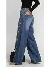 Women's Retro Wide-Leg Jeans with Metallic Eyelets