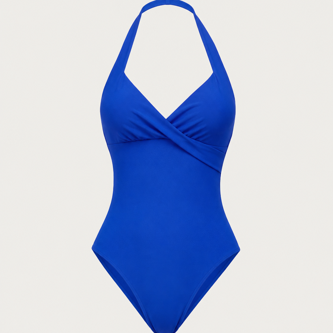 Women's Ruched Solid V-Neck One-Piece Swimsuit