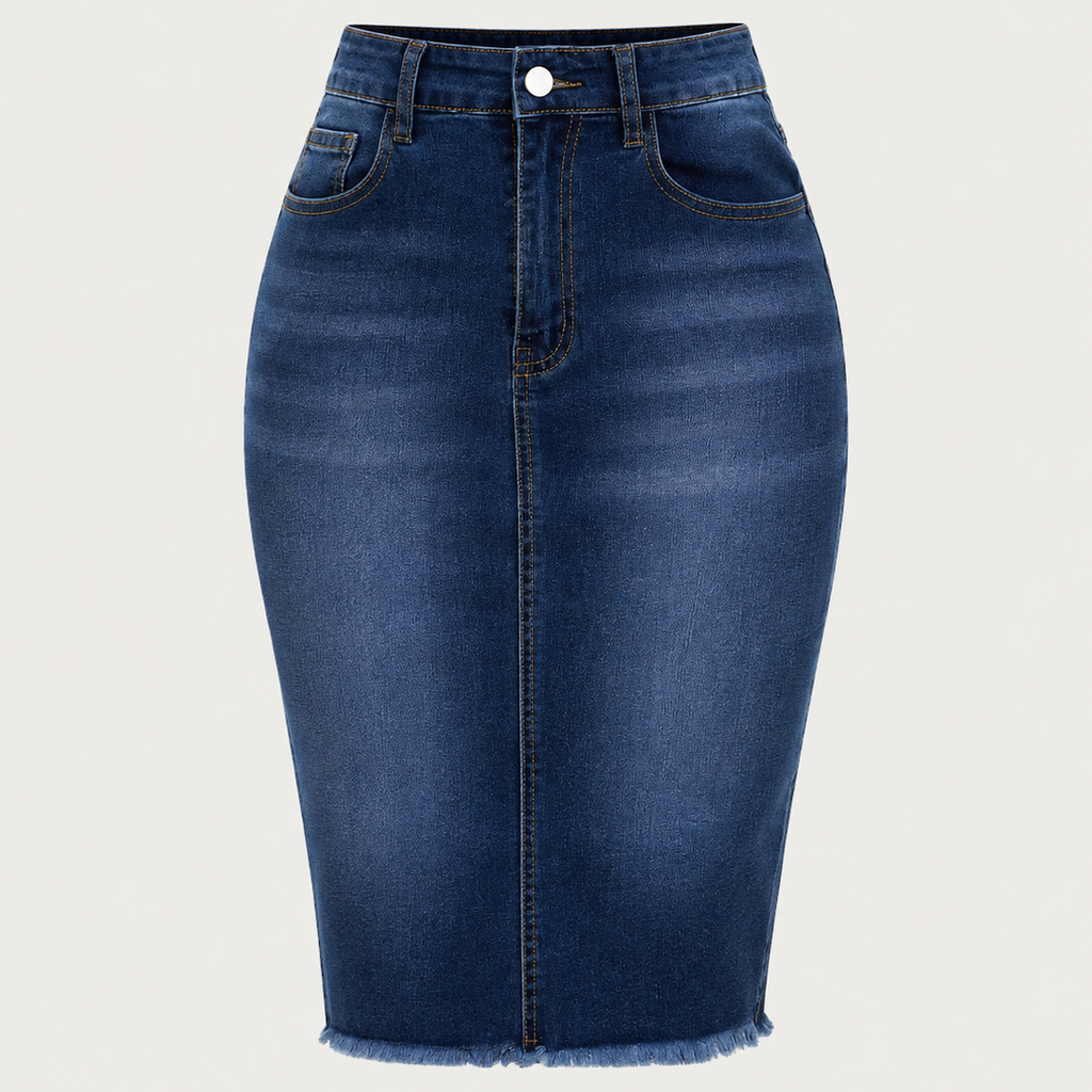 Women's High-Waist Frayed Hem Denim Skirt