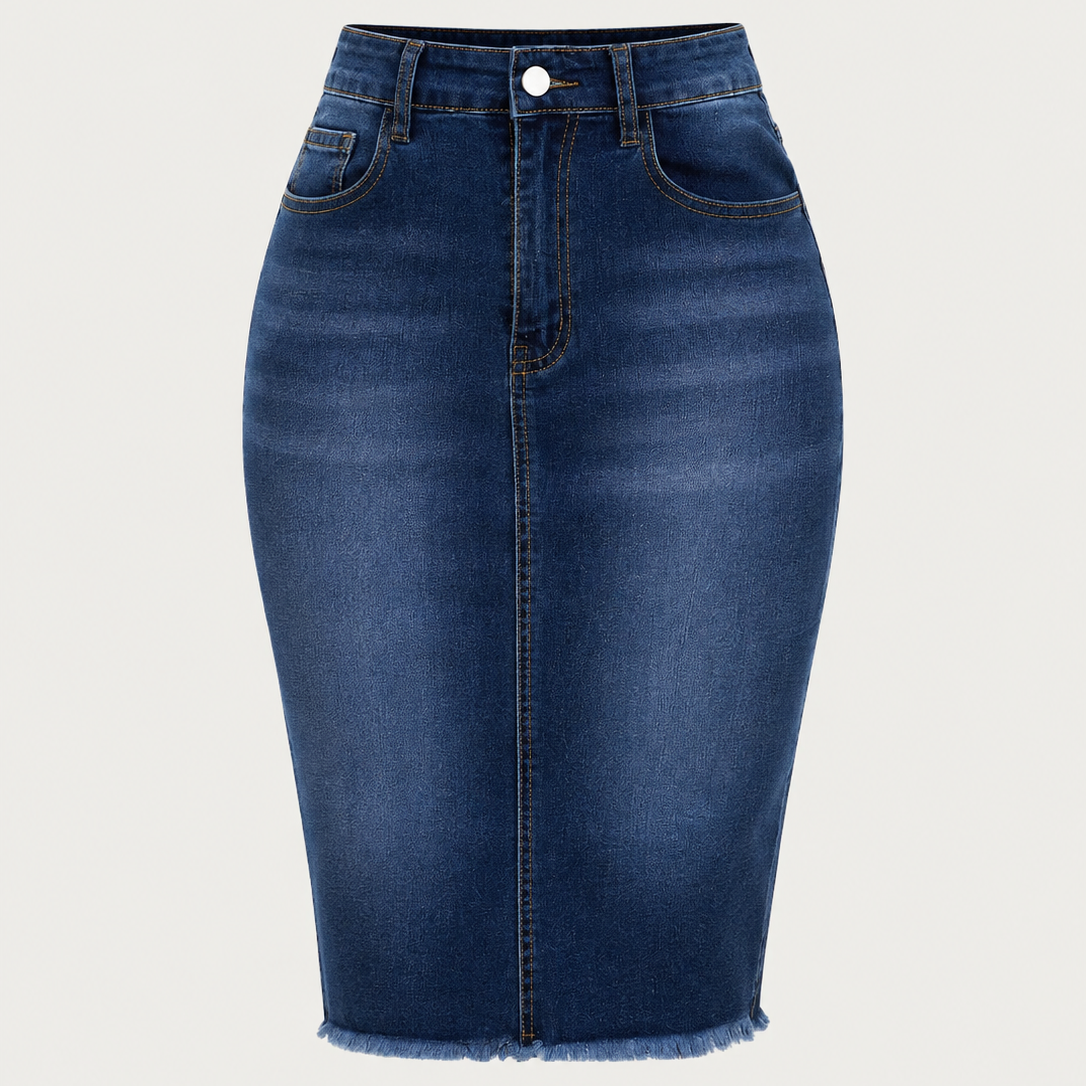 Women's High-Waist Frayed Hem Denim Skirt