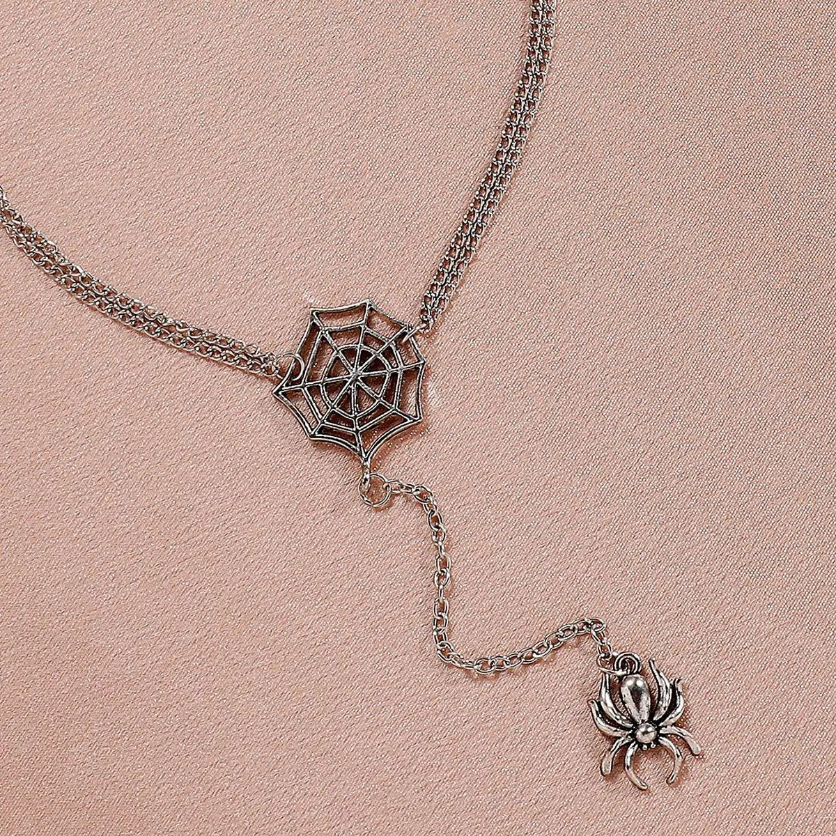 Silver Spider Web Pendant Necklace, Gothic Halloween Style